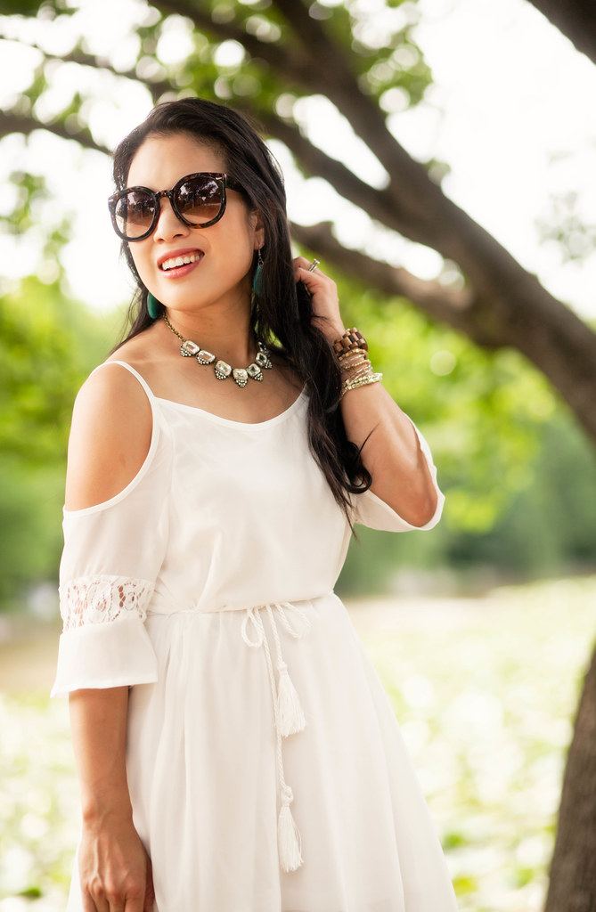 cute & little blog | petite fashion | cold shoulder crochet tassel white dress, rocksbox crystal statement necklace, turquoise earrings, shoedazzle linen stacked heel peanut sandals, tory burch kerrington tote | spring summer outfit | little white dress #
