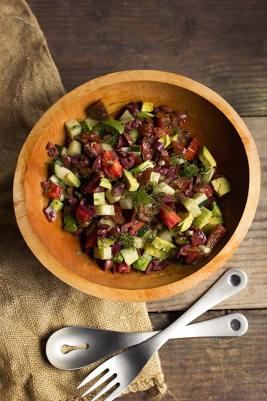Tomato Cucumber Salad with Avocado and Olives