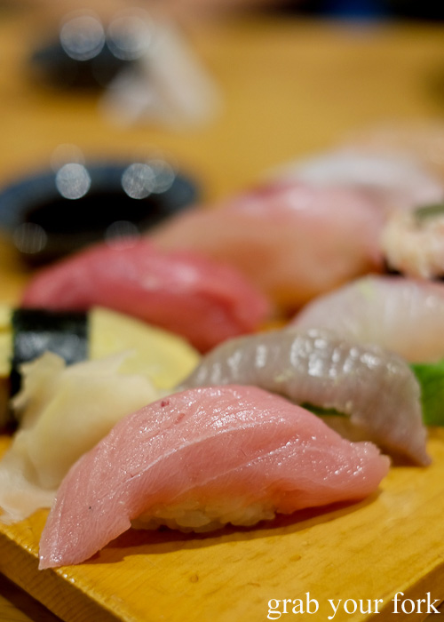 Toro tuna belly sushi at Uouma inside Omicho Market, Kanazawa, Japan