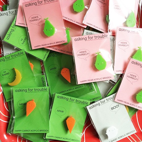 Big pile of brooches! Pear and Carrot are in my shops now at a special introductory price of just £2.50.