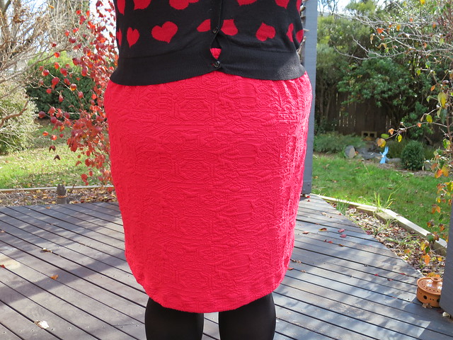 Red quilted knit skirt
