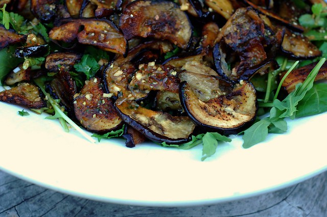 Thai eggplant salad with fresh garden greens and herbs by Eve Fox, The Garden of Eating, copyright 2015