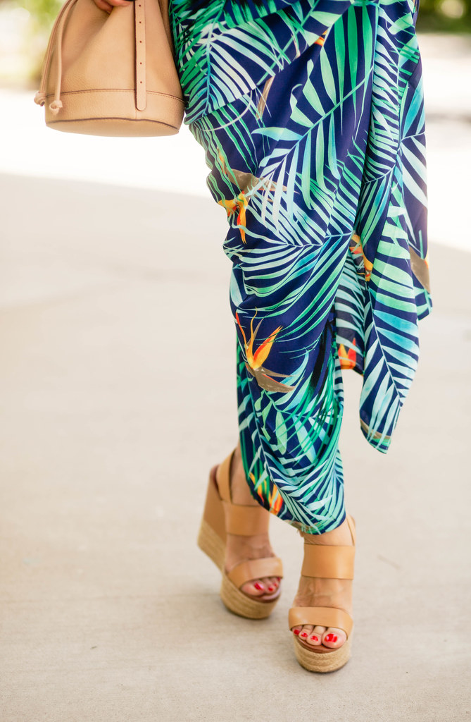 cute & little blog | petite fashion | express tropical print strapless maxi, nieman marcus bucket bag, jessica simpson allyn nude espadrille wedges | spring summer outfit