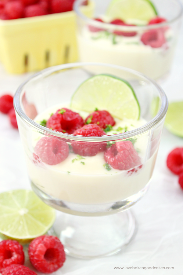 Lime Posset with Fresh Raspberries in a glass close up.