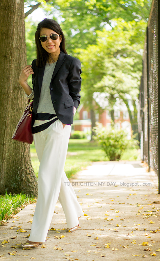 navy blazer, gray cropped vest, striped top, white trousers, purple-red tote, rose metallic wedges