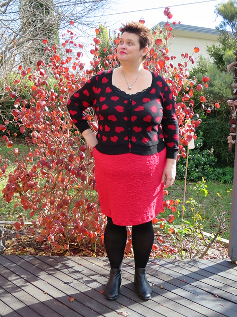 Red quilted knit skirt