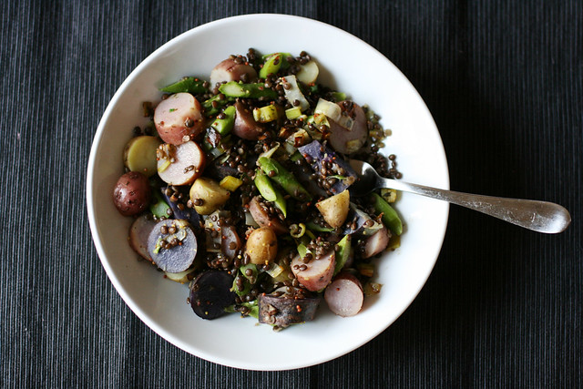 Warm potato salad with lentils, asparagus, and caramelized leeks on alickofsalt.com