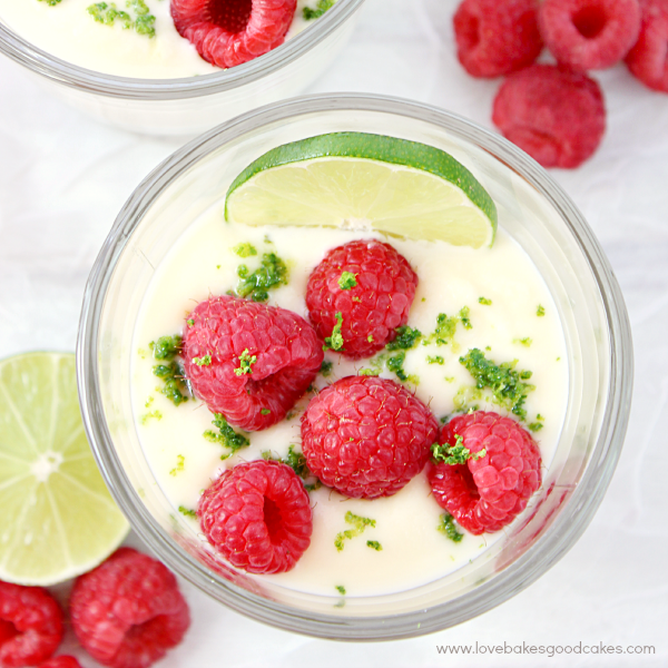 Lime Posset with Fresh Raspberries in a glass looking from the top down.