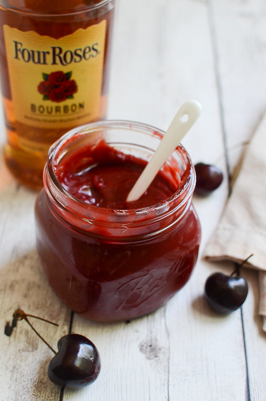 Cherry Bourbon BBQ Sauce - delicious sweet and spicy barbecue sauce made with fresh cherries and Bourbon! Perfect on grilled chicken!