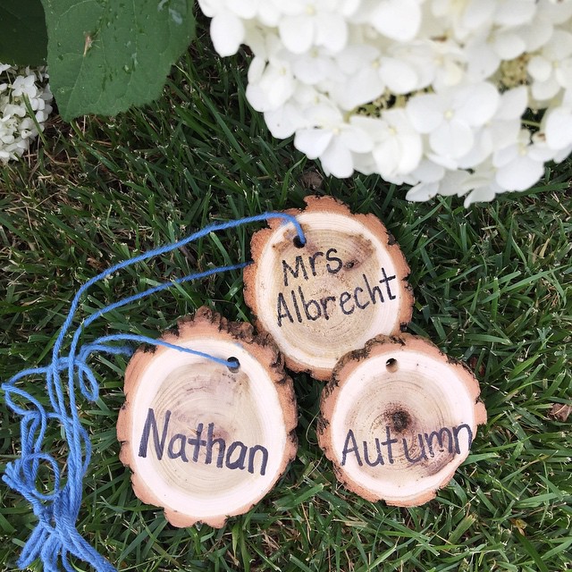 We finished VBS up today and have these maple tree slice name tags that we got to take home as keepsakes. Aren't they the cutest? The laminated paper ones we had last year fell apart after one day. #vbs #treeslicenametag #nametag