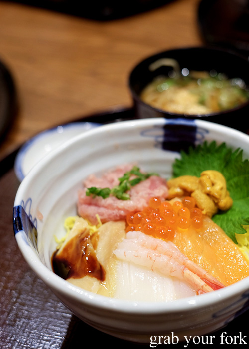 Kaisendon with salmon, salmon roe, tuna belly, sea urchin and raw prawn at Menya Kanjin-do at Porta Shopping Mall, Kyoto station