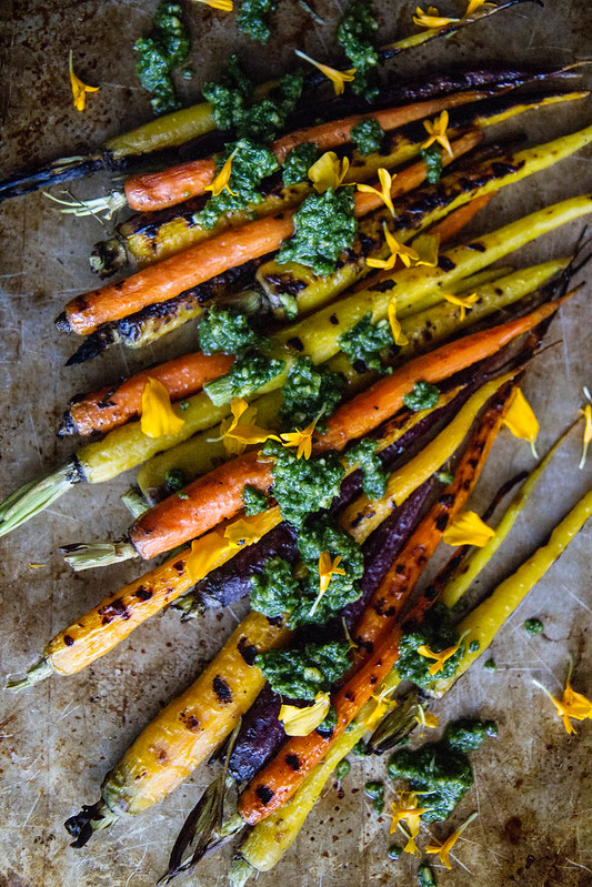 Grilled Carrots with Mint Almond Pesto