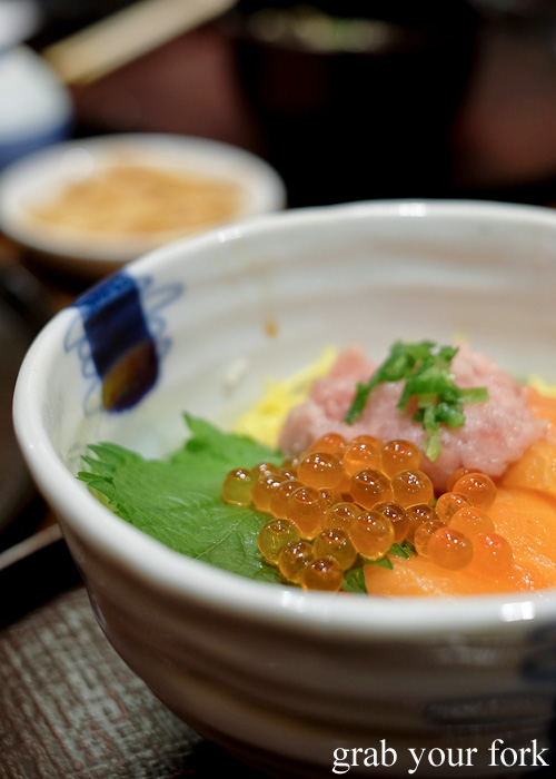 Ikura salmon roe on kaisendon at Menya Kanjin-do at Porta Shopping Mall, Kyoto station
