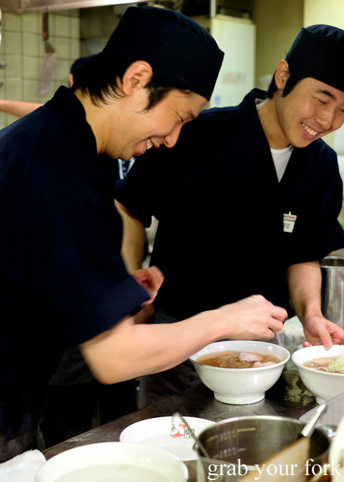 Shy chefs at Bannai Shokudo, Kyoto Ramen Street inside Kyoto station, Japan